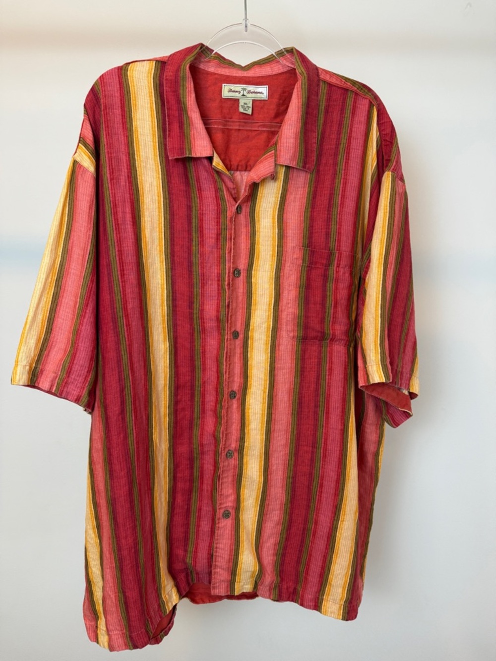Tommy Bahama 100% Linen Red and Yellow Striped Button-Down Shirt